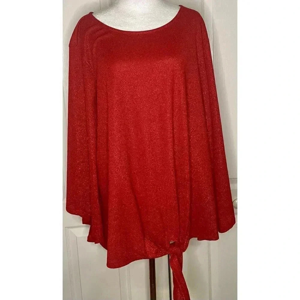 Kim Rogers Curvy Women’s Red Sparkle Blouse 3/4 Sleeve Size 3X‎